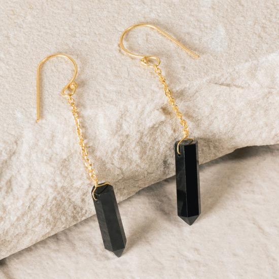 Black Onyx Earrings - Fine wire hook and chain earring featuring a natural and uniquely cut Black Onyx stone raw pendant. Finely handcrafted brass, plated with the finest 18K rose gold, and gold plating.